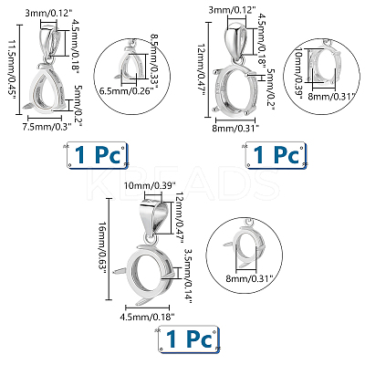 Anti-Tarnish 3Pcs 3 Styles Rhodium Plated 925 Sterling Silver Pendant Cabochon Settings with Prongs Mounting STER-PH0001-38-1
