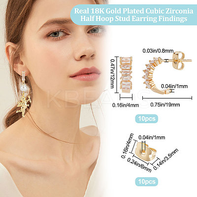 10Pcs Brass Clear Cubic Zirconia C-shape Stud Earring Findings KK-BBC0007-12-1
