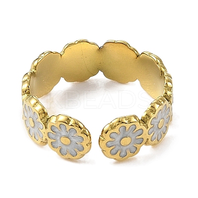 Flower 304 Stainless Steel Enamel Open Cuff Rings for Women RJEW-F166-31G-02-1