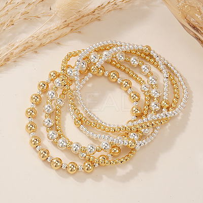 6Pcs 6 Styles Fashion Brass Women's Round Beaded Stretch Bracelet Sets for Layered and Versatile Styles XF3588-2-1