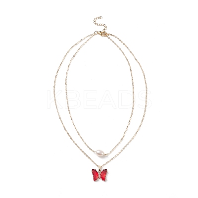 4Pcs 4 Color Glass Butterfly & Natural Pearl Pendants Double Layer Necklaces Set with Clear Cubic Zirconia NJEW-TA00043-1