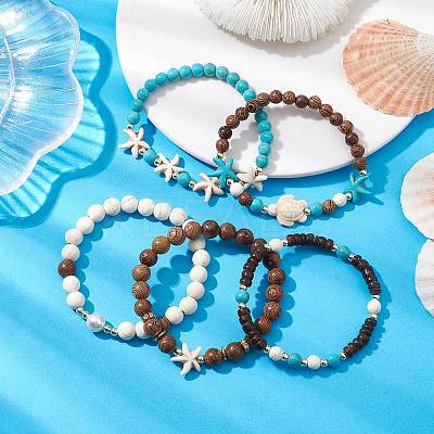 10Pcs 10 Styles Synthetic Turquoise & Coconut & Wood Beaded Stretch Bracelet Sets BJEW-JB10719-1