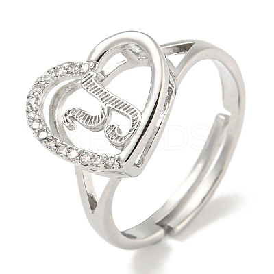 Heart with Letter Rack Plating Brass Micro Pave Cubic Zirconia Adjustable Rings for Women RJEW-I105-06P-Y-1