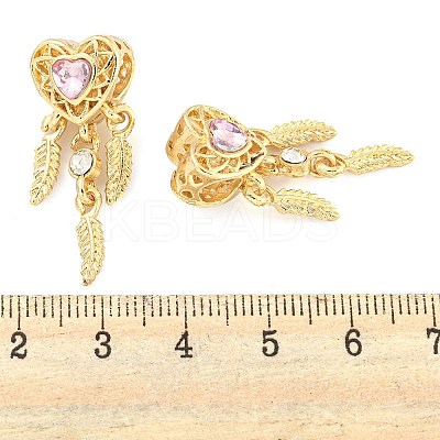 Rack Plating Alloy Pave Light Padparadscha Rhinestone Heart with Feather European Dangle Charms FIND-B034-19G-01-1