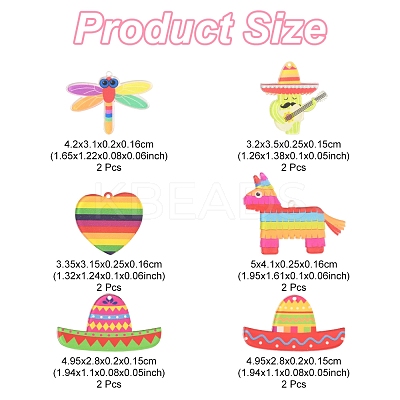 12Pcs 6 Styles Rainbow Color Printed Acrylic Pendants Sets OACR-FS0002-10-1