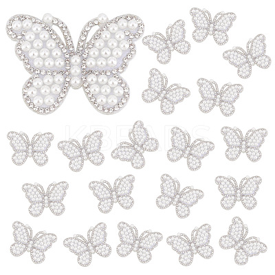 20Pcs Butterfly Rhinestone with Plastic Pearl Cloth Patches PATC-GA0001-59-1