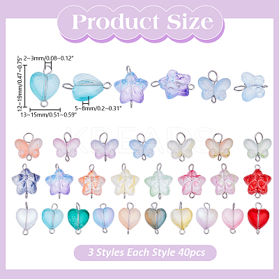 120Pcs 3 Styles Gradient Color Baking Paint Transparent Glass Star & Heart & Butterfly Connector Charms PALLOY-AR00030-1