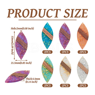 12Pcs 6 Colors Transparent Resin & Walnut Wood Big Pendants WOOD-TA0002-46-1