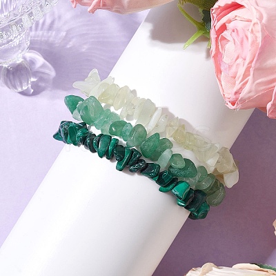 3Pcs Natural Green Aventurine & Natural Prehnite & Natural Malachite Chip Beaded Stretch Bracelet Sets BJEW-JB10862-1