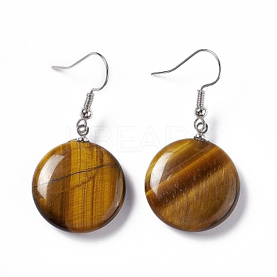 Natural Tiger Eye Flat Round Dangle Earrings EJEW-D188-03P-07-1