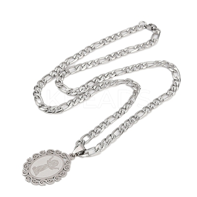 Oval with Virgin Pattern 201 Stainless Steel Pendant Necklaces for Men Women NJEW-K283-22P-1
