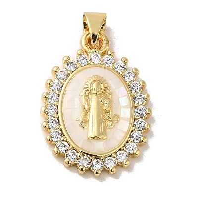Rack Plating Brass Micro Pave Cubic Zirconia with Shell Pendants KK-P241-44G-01-1