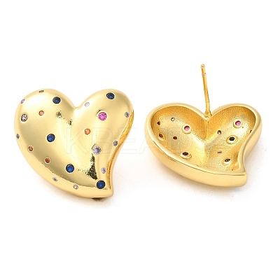 Brass with Cubic Zirconia Heart Stud Earrings EJEW-G382-23G-1