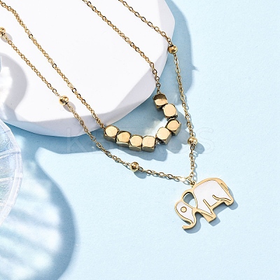 304 Stainless Steel Pave Natural White Shell Elephant Pendant Double Layer Necklaces NJEW-R026-06G-1