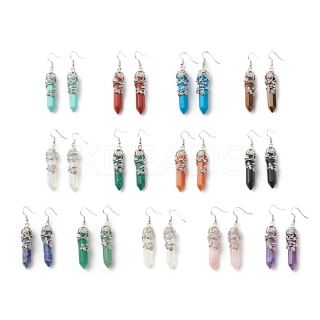 Gemstone Bullet with Flower Dangle Earrings EJEW-G300-02P-1