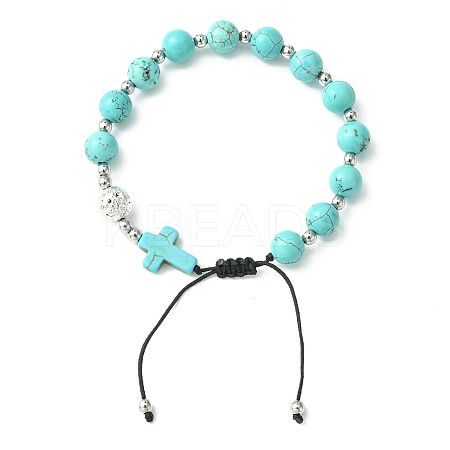 Synthetic Turquoise Round & Cross Braided Bead Bracelets BJEW-TA00321-02-1