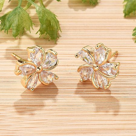 Flower Brass Micro Pave Cubic Zirconia Stud Earrings for Women EJEW-G428-28A-02-1