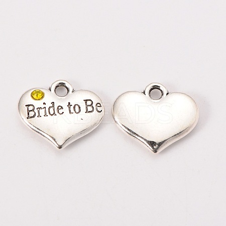 Wedding Theme Antique Silver Tone Tibetan Style Heart with Bride to Be Rhinestone Charms X-TIBEP-N005-10E-1