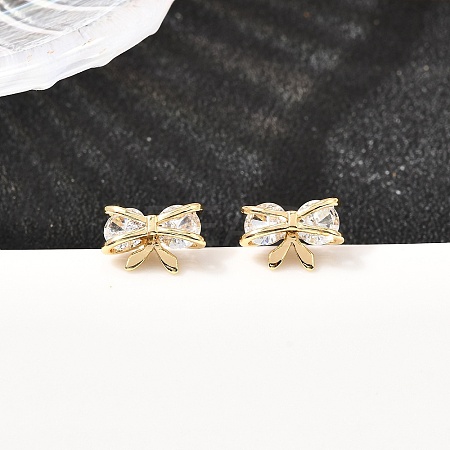 Bowknot Brass Micro Pave Clear Cubic Zirconia Stud Earrings EJEW-A135-07G-1