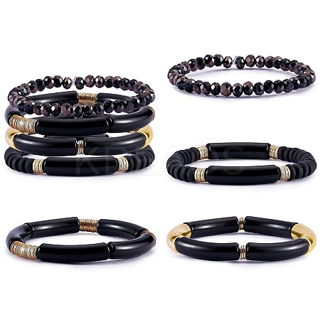 4Pcs 4 Style Acrylic Chunky Curved Tube Stretch Bracelet Sets BJEW-SW00074-02-1