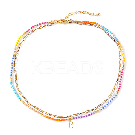 Colorful Glass Seed Beaded Initial Pendant Double Layer Necklaces QS3881-2-1