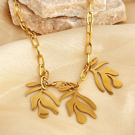 304 Stainless Steel Triple Leaves Pendant Paperclip Chain Necklaces NJEW-K389-02G-1