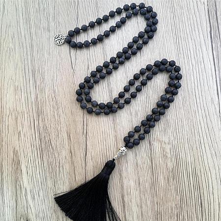 Natural Lava Rock Mala Prayer Round Beaded Wrap Necklaces with Long Tassel and Metal Tree of Life FS-WG93CBE-06-1