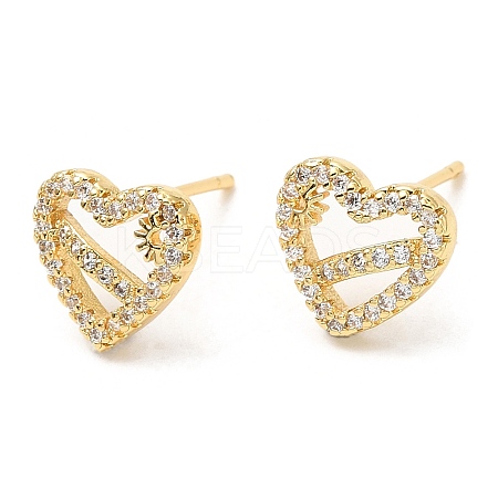 Rack Plating Brass Heart with Flower Stud Earrings with Cubic Zirconia EJEW-A103-02G-1