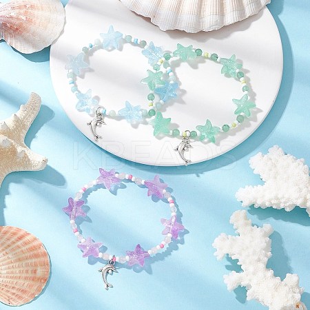 3Pcs 3 Colors Spray Painted Glass Star Beads & Natural Rose Quartz & Amazonite & Green Aventurine Beads Stretch Bracelets for Women BJEW-MZ00175-1