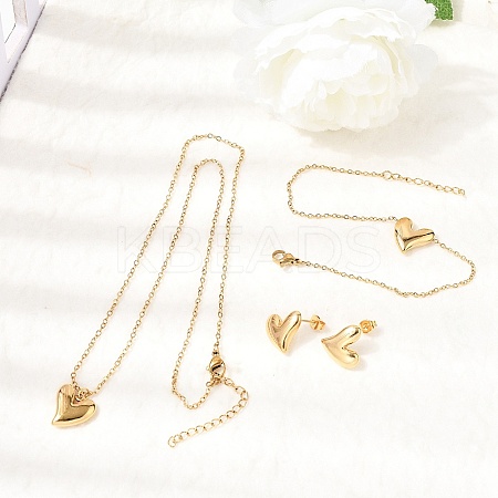 304 Stainless Steel Heart Pendant Necklaces & Bracelets & Stud Earrings Sets SJEW-P008-01G-1