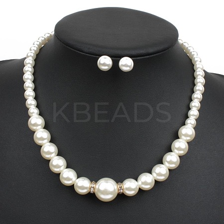 Alloy with ABS Plastic Pearl Round Beaded Necklaces & Stud Earrings Sets for Women WG13E8D-02-1
