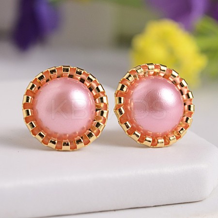 Golden Tone Half Round 304 Stainless Steel Imitation Acrylic Pearl Stud Earrings X-EJEW-F0072-21A-1