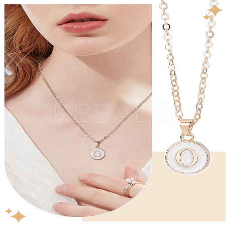 1Pc Zinc Alloy White Enamel Round with Letter Pendant Necklaces NJEW-LP0002-88G-O-1