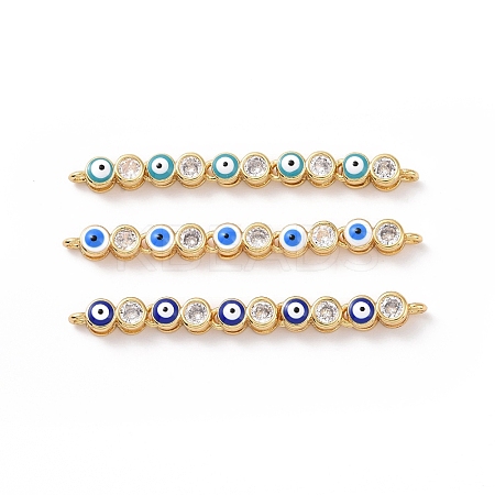 Flat Round with Evil Eye Pattern Brass Micro Pave Clear Cubic Zirconia Enamel Connector Charms KK-G435-44G-1