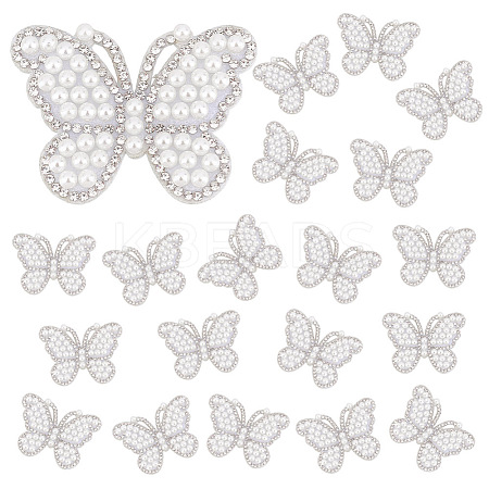 20Pcs Butterfly Rhinestone with Plastic Pearl Cloth Patches PATC-GA0001-59-1