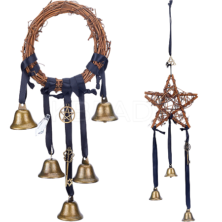 Gorgecraft 2Pcs 2 Style Rattan & Iron Witch Bells Wind Chimes Door Hanging Pendant Decoration WICR-GF0001-01-1