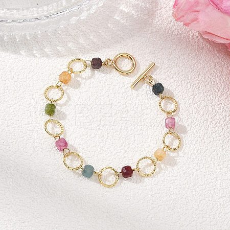 Natural Tourmaline & Brass Open Jump Rings Link Bracelets for Women BJEW-JB14116-02-1