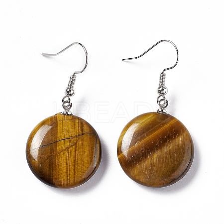 Natural Tiger Eye Flat Round Dangle Earrings EJEW-D188-03P-07-1