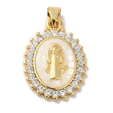 Rack Plating Brass Micro Pave Cubic Zirconia with Shell Pendants KK-P241-44G-01-1