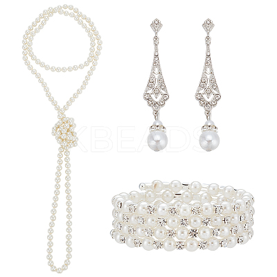 Plastic Pearl Beaded Necklace & Wrap Bracelet & Teardrop Dangle Stud Earrings with Crystal Rhinestone SJEW-AN0001-03-1
