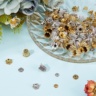 160Pcs 8 Styles Tibetan Style Bell Filigree Bead Caps TIBE-GO0001-04-1