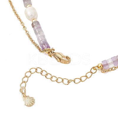 Natural Amethyst Heishi Beads and Rice Natural Pearl Beaded Double Layer 304 Stainless Steel Starfish Pendant Necklaces NJEW-JN05847-02-1
