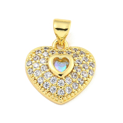 Heart Rack Plating Brass Micro Pave Cubic Zirconia Charms KK-Z053-17G-1