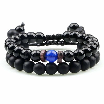 Ethnic Style Frosted Round Natural Obsidian & Natural Agate Braided Beaded Bracelets Sets for Women Men WD6221-3-1