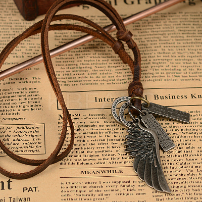Adjustable Leather Cord Alloy Wing Pendant Necklaces For Men NJEW-k031-22-1