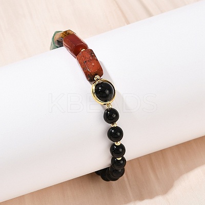 Natural Obsidian & Natural Mixed Stone & Brass Round & Prism Beaded Bracelets for Women BJEW-G752-01G-05-1