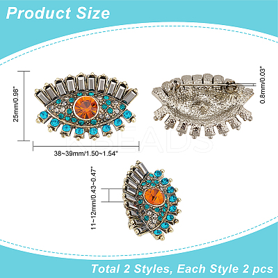 AHADEMAKER 4Pcs 2 Colors Colorful Rhinestone Horse Eye Brooch Pin JEWB-GA0001-08-1