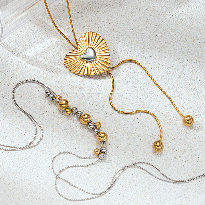 Duo Tone Adjustable 304 Stainless Steel Heart Lariat Necklaces for Women WGF51C2-01-1