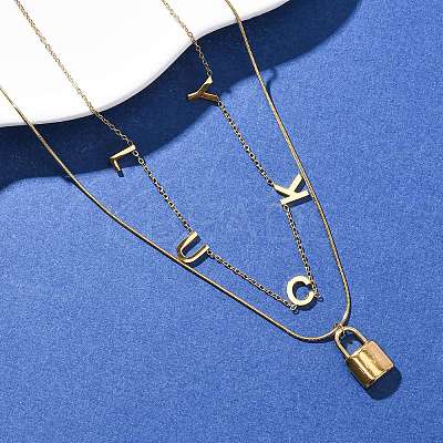 304 Stainless Steel Luck Lock Pendant Double Layer Necklaces for Women NJEW-F346-08G-1
