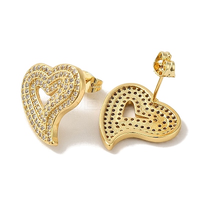 Rack Plating Heart Brass Micro Pave Cubic Zirconia Stud Earrings for Women EJEW-P272-11G-1